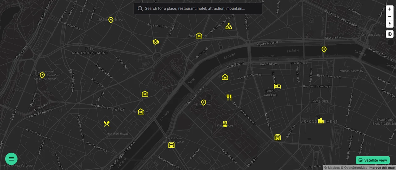Paris in MapiGO with attraction pins and place categories
